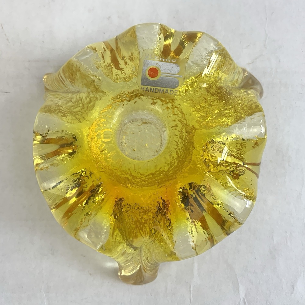Vintage BLENKO Glass Yellow Candlestick Holder Rare Color Atomic Ice Art Glass - Picture 8 of 16